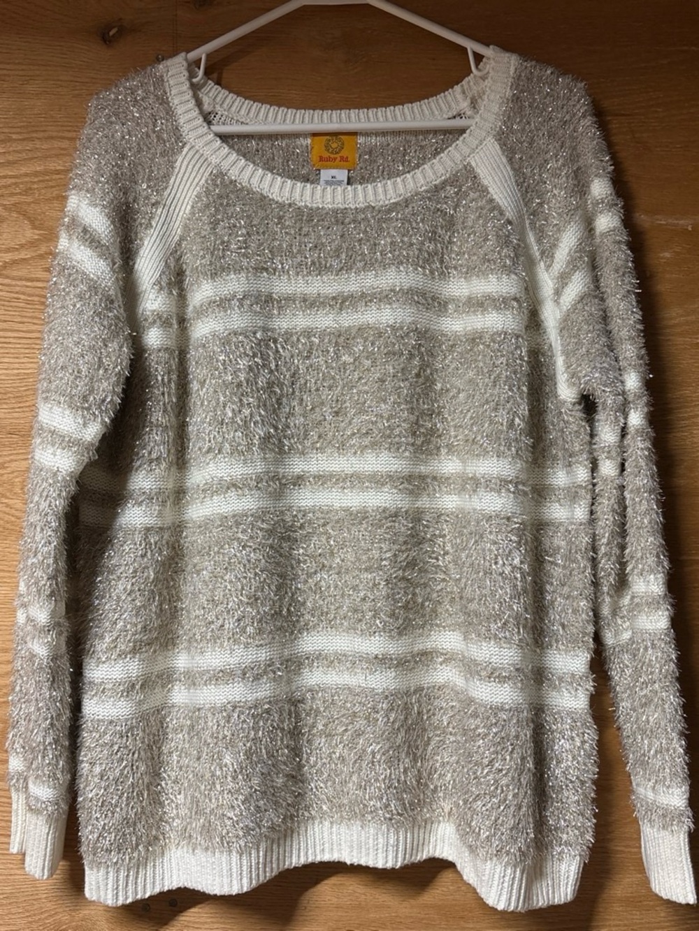 Ruby Rd. Cream and Golden Striped Fuzzy Crewneck Sweater